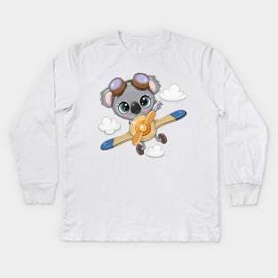 Cute koala pilot on a plane Kids Long Sleeve T-Shirt